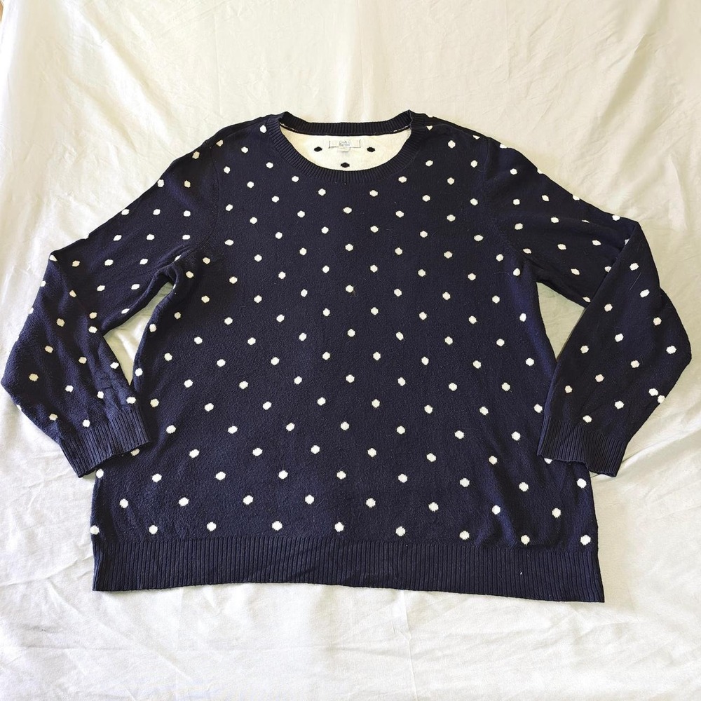 Croft & Barrow Womens Plus XL Navy Blue White Polka Dot Crewneck Knit Sweater